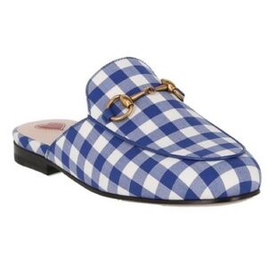 Blue Gucci Princeton Gingham Mules Gold Horsebit Slides